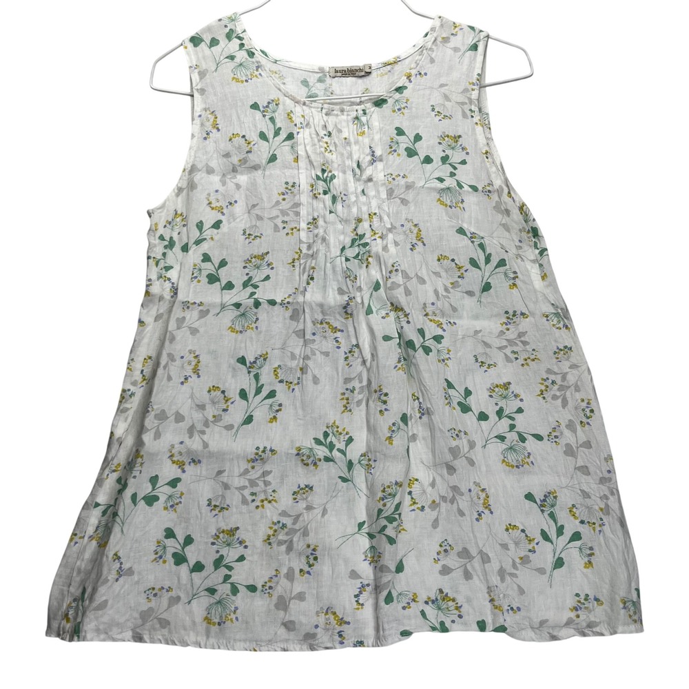 Laura Bianchi Top Womens Medium White Linen Floral Sleeveless Pleated Italy11003
